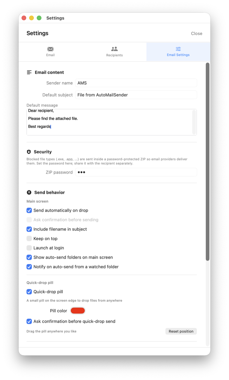 AutoMailSender settings — email content, security and send behavior